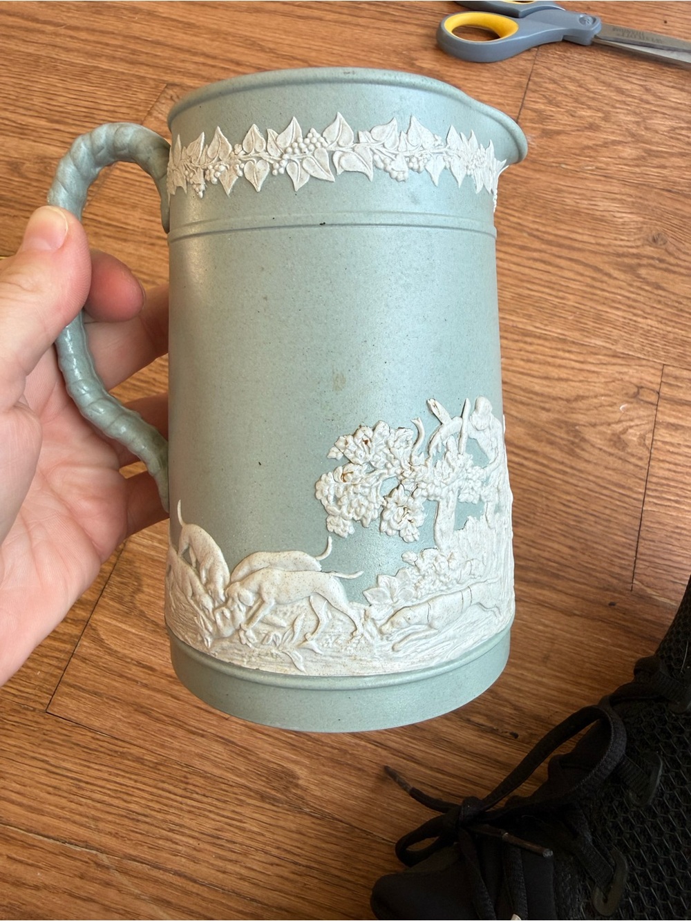 Vintage green jasperware pitcher - made in England
